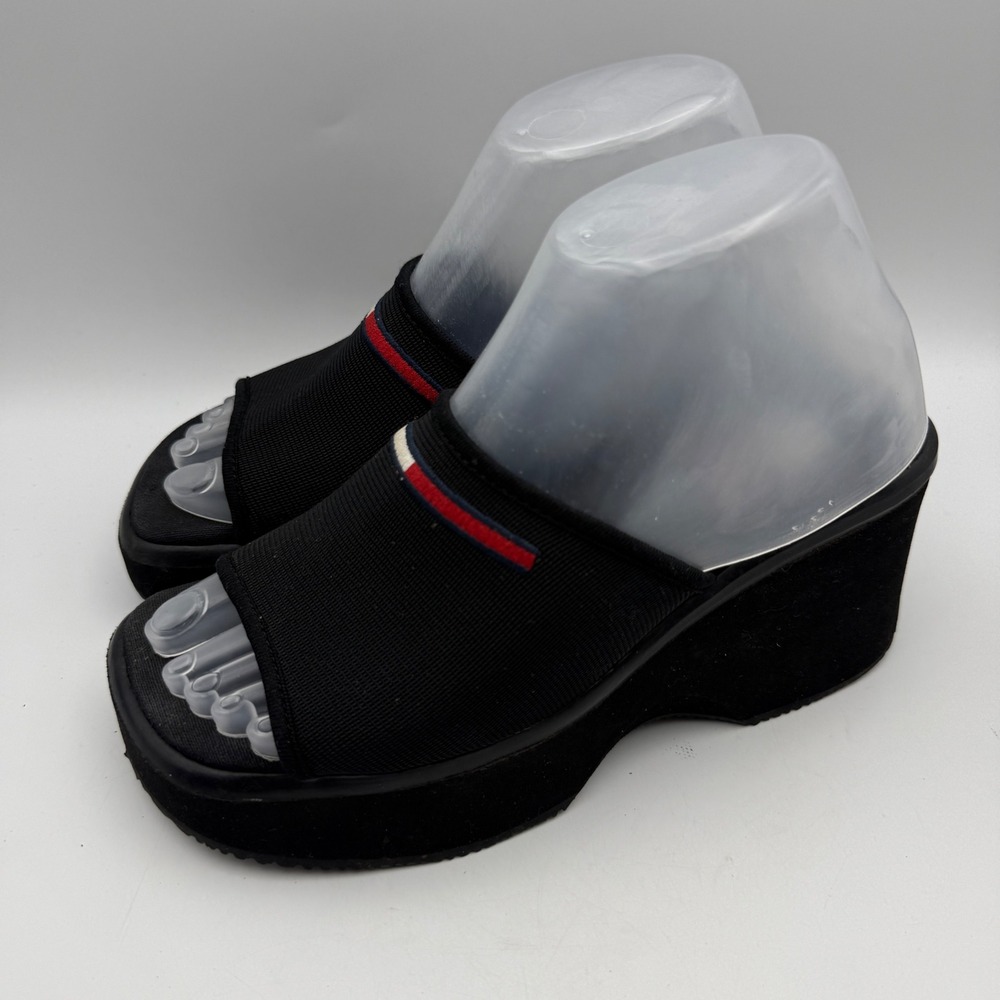 Tommy Hilfiger Platform Sandals Womens 7 Black Wedge Slide Vintage 90s Y2K